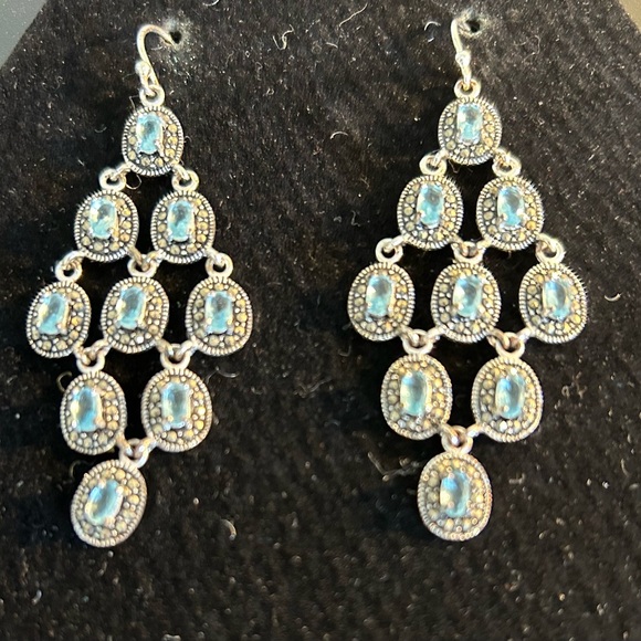 WOLF & BADGER Sterling Silver Sapphire Cubic Zirconia Dangle Chandelier Earrings - Picture 5 of 9